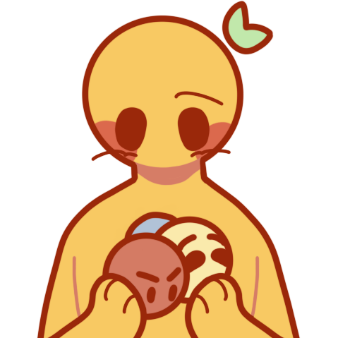 A yellow person with a leaf on the right side of their head looking down to their hands. They’re holding 3 spheres of different colours with different emotions on them.